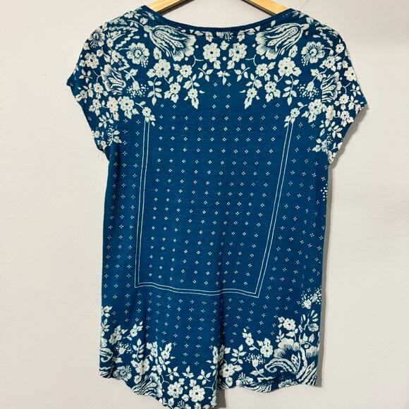 Lucky Brand Women's Top Small Blue Boho Linen Floral Print Short Sleeve Hippie - Picture 5 of 10